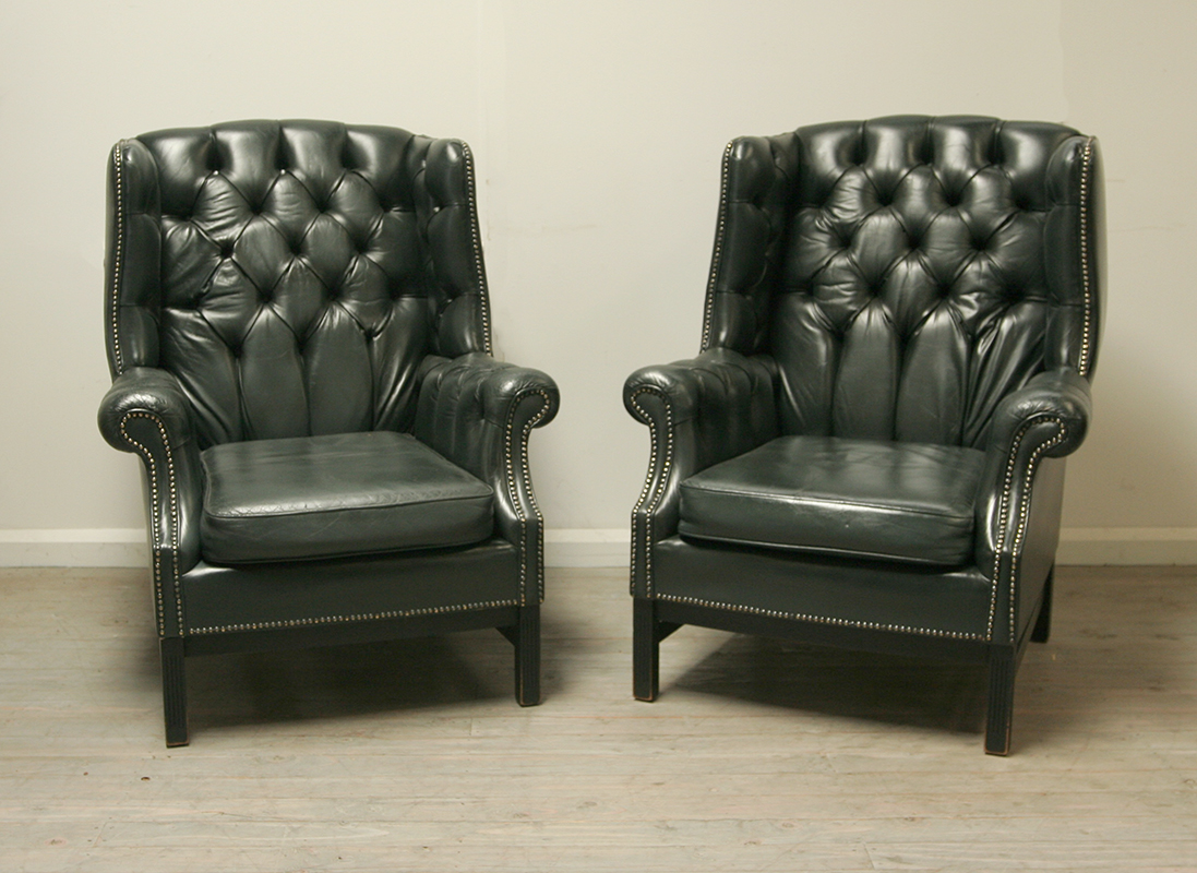Pair Of Dark Green Leather Wing Chairs Haunt Antiques